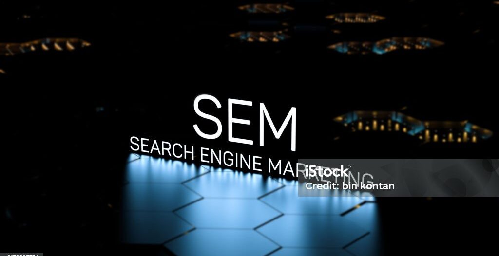 SEM Search Engine Marketing, neon glowing word,text. SEM business concept,wallpaper.3D render