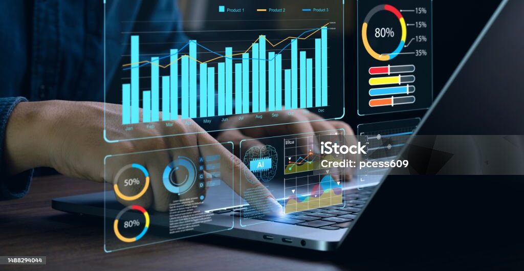 Businessman works on laptop Showing business analytics dashboard with charts, metrics, and KPI to analyze performance and create insight reports for operations management. Data analysis concept.Ai